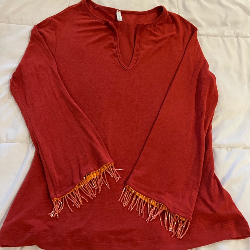 Anthropologie C.C. Outlaw Women's Top Orange with Beaded 3/4 Sleeve Trim large